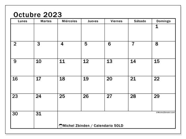 Calendario octubre 2023 “50”. Calendario para imprimir gratis.. De lunes a domingo