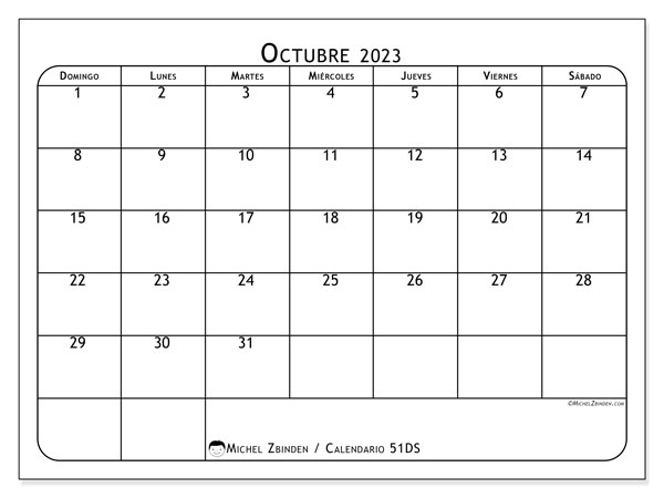 Calendario octubre de 2023 para imprimir. Calendario mensual “51DS” y planificación imprimibile