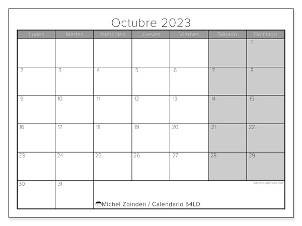 Calendario octubre de 2023 para imprimir. Calendario mensual “54LD” y almanaque imprimibile
