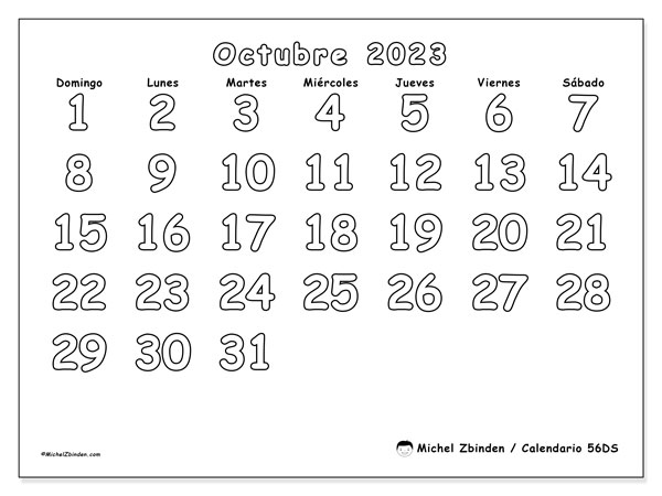 56DS, calendario de octubre de 2023, para su impresión, de forma gratuita.