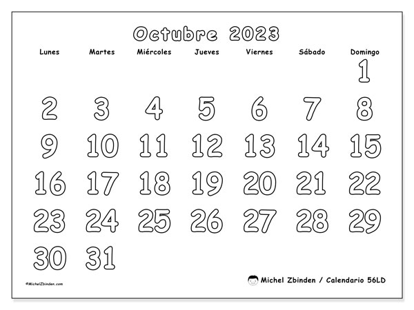 Calendario octubre de 2023 para imprimir. Calendario mensual “56LD” y planificación imprimibile