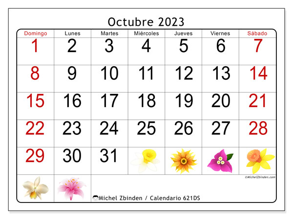 Calendario octubre 2023 “621”. Programa para imprimir gratis.. De domingo a sábado