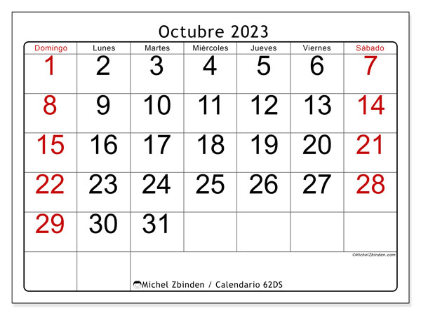 Calendario octubre de 2023 para imprimir. Calendario mensual “62DS” y planificación gratuito para imprimir