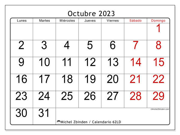 62LD, calendario de octubre de 2023, para su impresión, de forma gratuita.