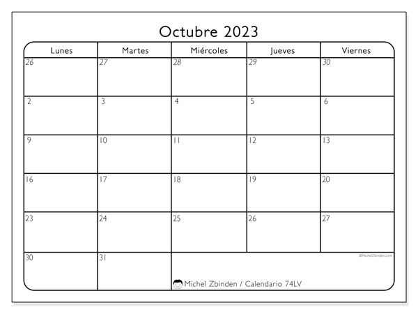 Calendario octubre de 2023 para imprimir. Calendario mensual “74DS” y agenda para imprimer gratis
