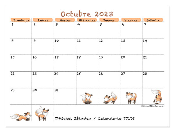 Calendario octubre 2023, 771DS. Diario para imprimir gratis.