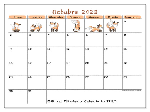 Calendario octubre 2023, 771LD. Diario para imprimir gratis.