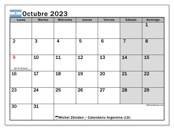Calendário Outubro 2023 “Argentina”. Horário gratuito para impressão.. Segunda a domingo