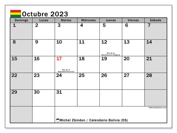 Calendário Outubro 2023 “Bolívia”. Horário gratuito para impressão.. Domingo a Sábado