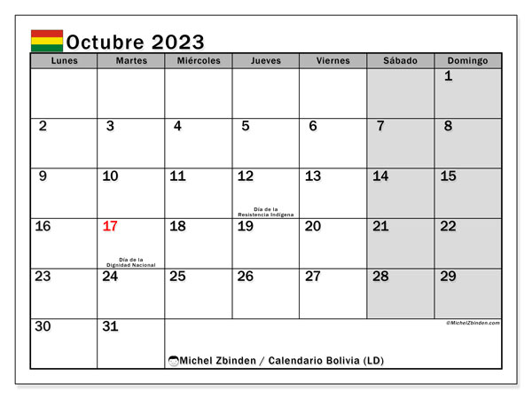 Calendário Outubro 2023 “Bolívia”. Horário gratuito para impressão.. Segunda a domingo