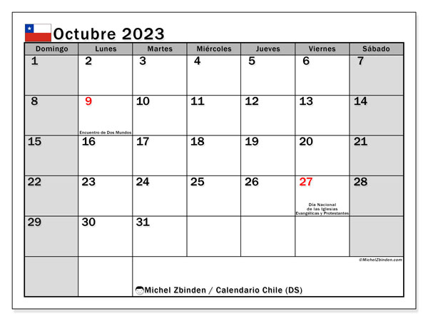 Calendário Outubro 2023 “Chile”. Mapa gratuito para impressão.. Domingo a Sábado