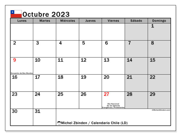 Calendario octubre 2023 “Chile”. Diario para imprimir gratis.. De lunes a domingo