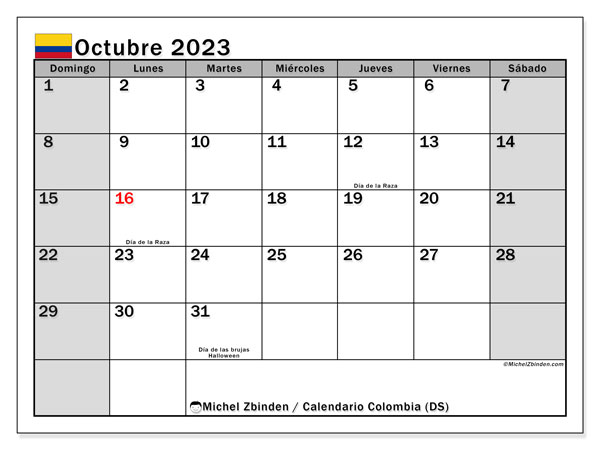 Calendario octubre 2023, Colombia. Programa para imprimir gratis.