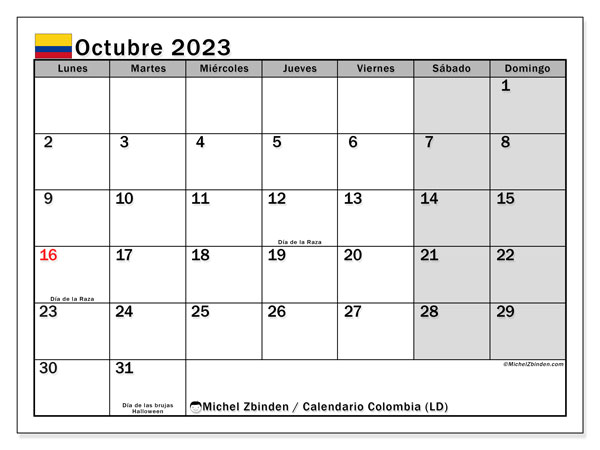 Calendário Outubro 2023 “Colômbia”. Mapa gratuito para impressão.. Segunda a domingo