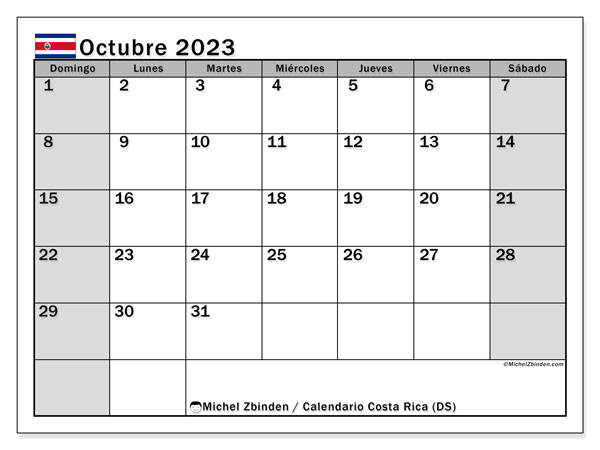 Calendario octubre 2023 “Costa Rica”. Programa para imprimir gratis.. De domingo a sábado
