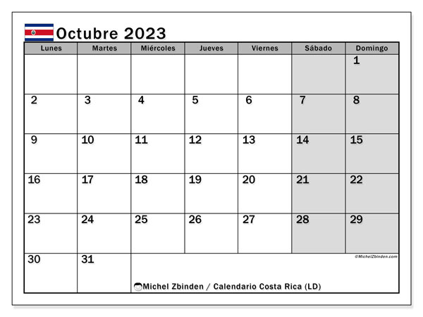 Calendario octubre 2023 “Costa Rica”. Programa para imprimir gratis.. De lunes a domingo