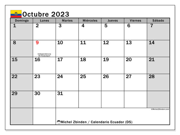 Calendário Outubro 2023 “Equador”. Horário gratuito para impressão.. Domingo a Sábado