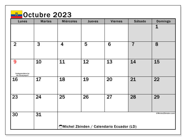 Calendario “Ecuador (LD)” para imprimir, con festivos. Calendario mensual octubre de 2023 y planificación para imprimer gratis.