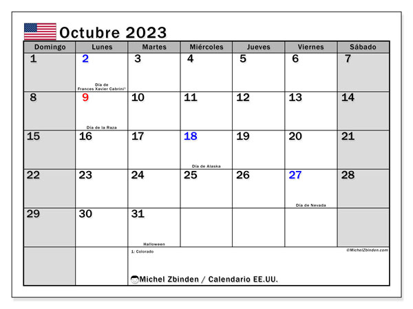 Calendário Outubro 2023 “Estados Unidos da América (ES)”. Programa gratuito para impressão.. Domingo a Sábado