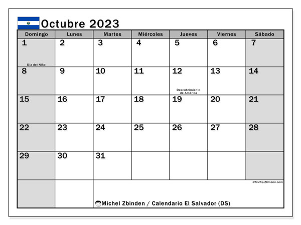 Kalender Oktober 2023, El Salvador (ES). Programm zum Ausdrucken kostenlos.