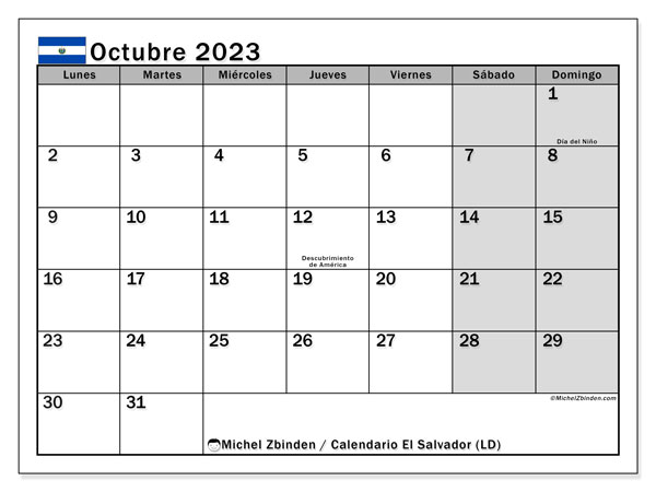 Calendário Outubro 2023 “El Salvador”. Horário gratuito para impressão.. Segunda a domingo