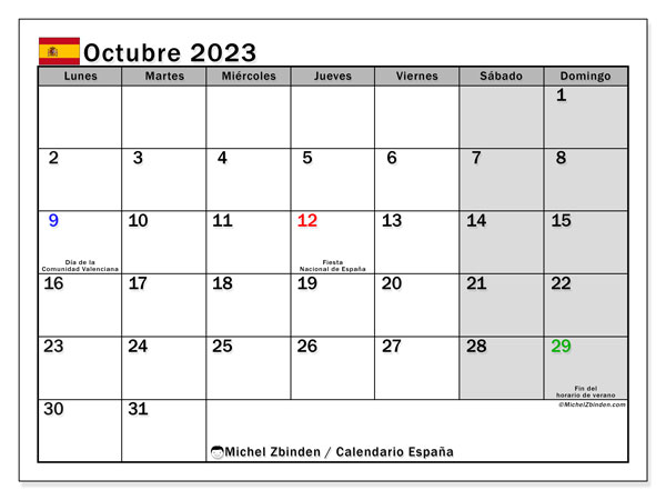 Calendário Outubro 2023 “Espanha”. Mapa gratuito para impressão.. Segunda a domingo