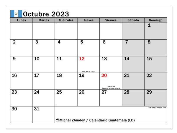 Kalender oktober 2023 “Guatemala”. Gratis af te drukken agenda.. Maandag tot zondag