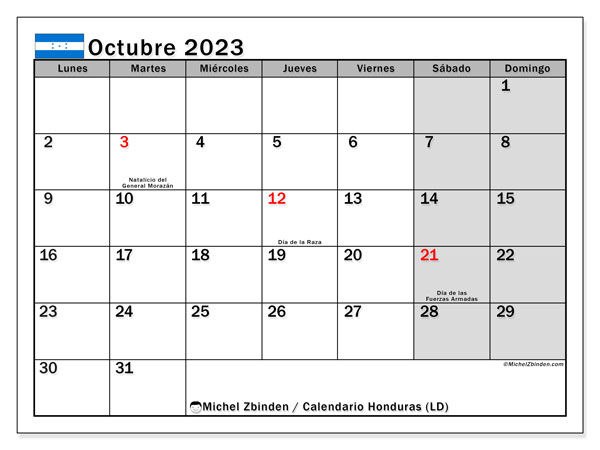 Calendário Outubro 2023 “Honduras”. Horário gratuito para impressão.. Segunda a domingo