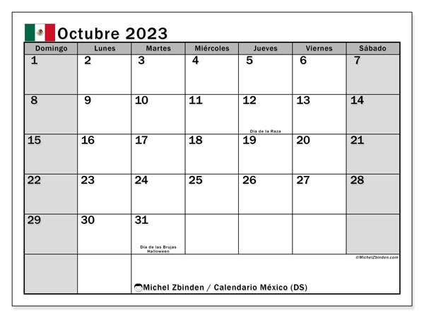 Calendario octubre 2023 “México”. Programa para imprimir gratis.. De domingo a sábado