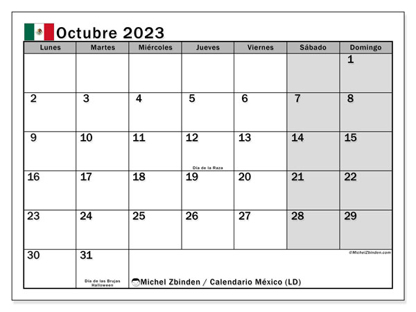Calendário Outubro 2023 “México”. Mapa gratuito para impressão.. Segunda a domingo