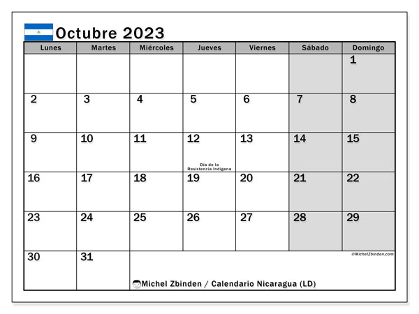 Calendário Outubro 2023 “Nicarágua”. Calendário gratuito para imprimir.. Segunda a domingo