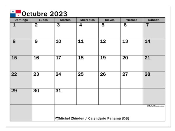 Calendário Outubro 2023 “Panamá”. Horário gratuito para impressão.. Domingo a Sábado