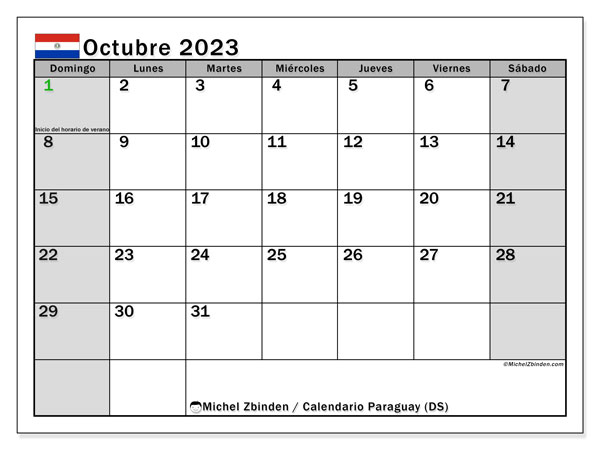 Calendário Outubro 2023 “Paraguai”. Horário gratuito para impressão.. Domingo a Sábado