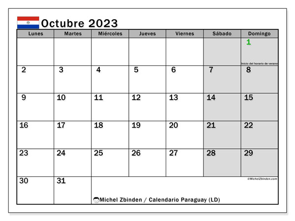 Calendário Outubro 2023 “Paraguai”. Horário gratuito para impressão.. Segunda a domingo