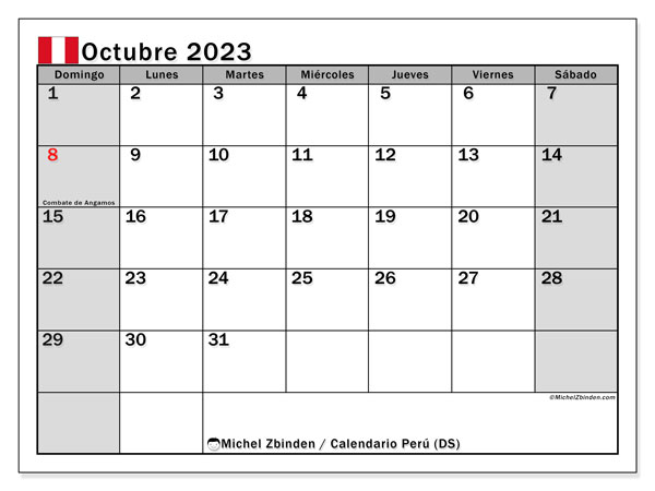 Kalender oktober 2023 “Peru”. Gratis afdrukbaar programma.. Zondag tot zaterdag