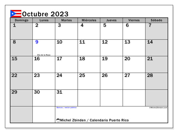 Calendário Outubro 2023 “Porto Rico”. Programa gratuito para impressão.. Domingo a Sábado