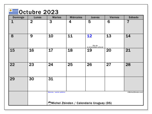 Kalender oktober 2023 “Uruguay”. Gratis printbaar schema.. Zondag tot zaterdag