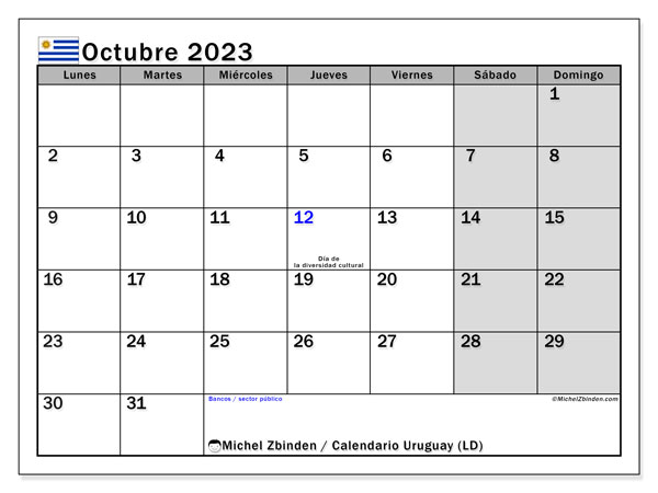 Calendario “Uruguay (LD)” para imprimir, con festivos. Calendario mensual octubre de 2023 y planificación para imprimer gratis.