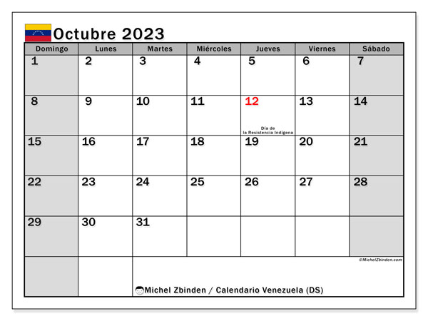 Kalender oktober 2023 “Venezuela”. Gratis afdrukbaar programma.. Zondag tot zaterdag