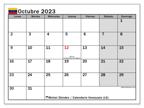 Calendario para imprimir, octubre 2023, Venezuela (LD)