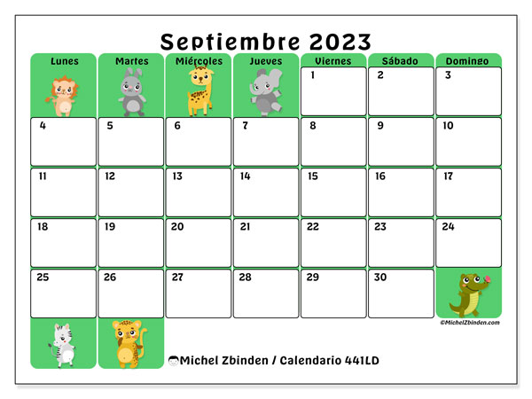 Calendario septiembre 2023 “441”. Horario para imprimir gratis.. De lunes a domingo