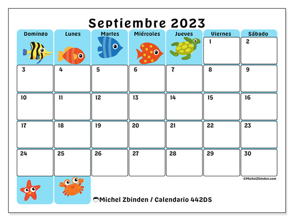 Calendario septiembre 2023 “442”. Horario para imprimir gratis.. De domingo a sábado