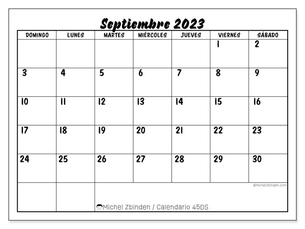Calendario septiembre de 2023 para imprimir. Calendario mensual “45DS” y planificación gratuito para imprimir