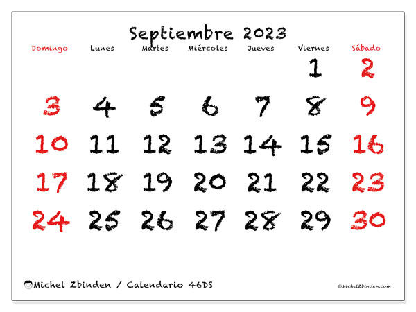 Calendario septiembre 2023 “46”. Horario para imprimir gratis.. De domingo a sábado
