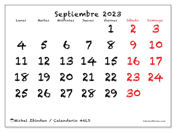 Calendario septiembre 2023 “46”. Calendario para imprimir gratis.. De lunes a domingo