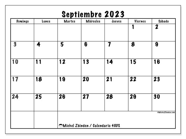 Calendario septiembre 2023 “48”. Horario para imprimir gratis.. De domingo a sábado