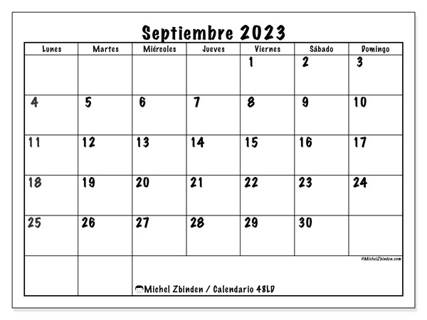 Calendario septiembre 2023, 48LD. Diario para imprimir gratis.