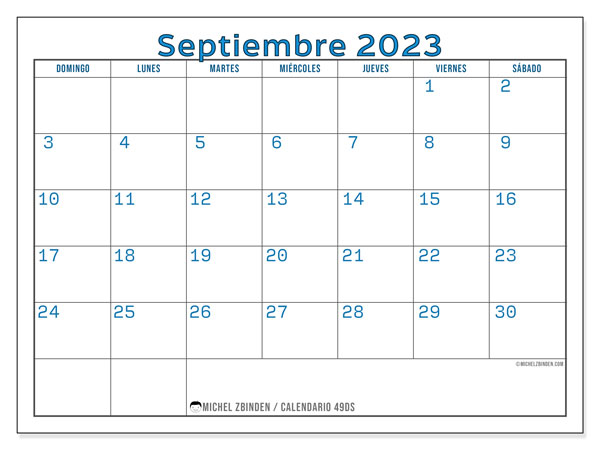 Calendario septiembre 2023 “49”. Programa para imprimir gratis.. De domingo a sábado