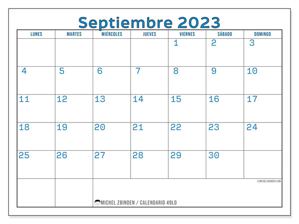 Calendario septiembre 2023 “49”. Programa para imprimir gratis.. De lunes a domingo