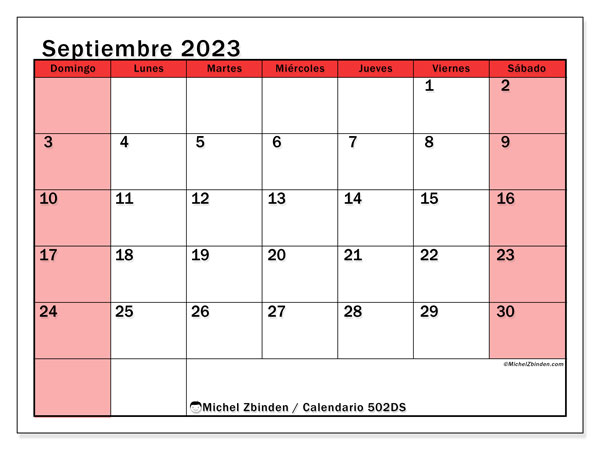 Calendario septiembre 2023 “502”. Calendario para imprimir gratis.. De domingo a sábado